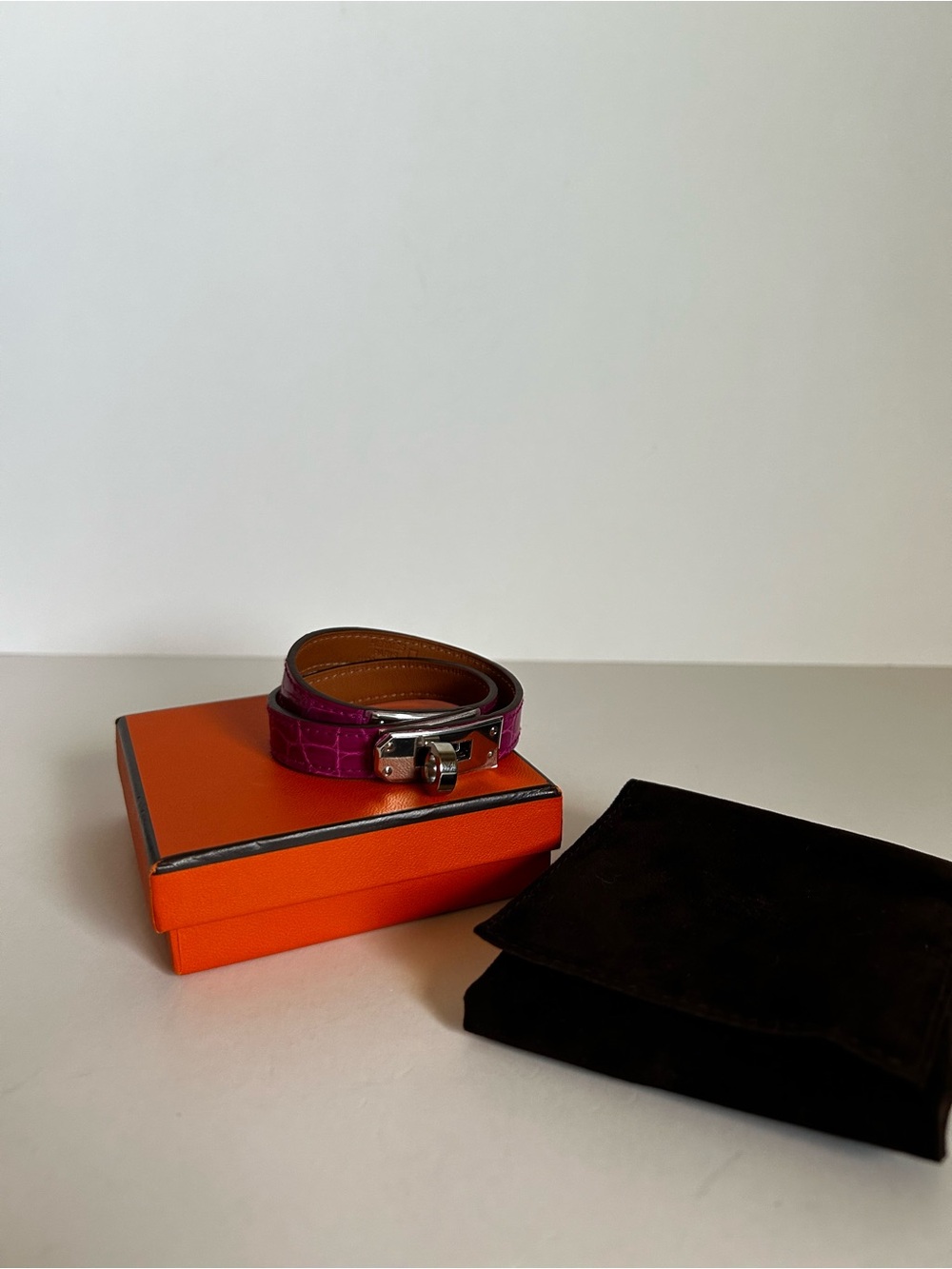 Hermes Croc-Embossed Double Wrap Bracelet - Fuchsia with Silver Hardware